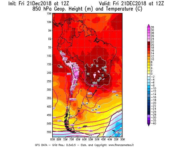 Mappa di analisi GFS - Geopotenziale [m] e Temperatura [°C] a 850 hPa in Sud-America
									del 21/12/2018 12 <!--googleoff: index-->UTC<!--googleon: index-->