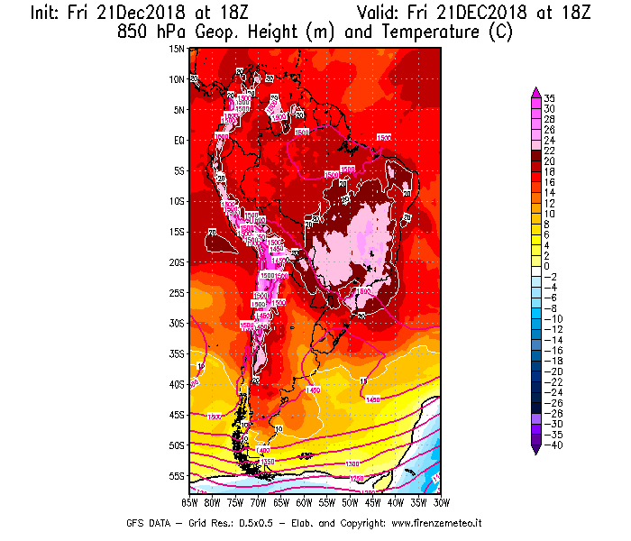 Mappa di analisi GFS - Geopotenziale [m] e Temperatura [°C] a 850 hPa in Sud-America
									del 21/12/2018 18 <!--googleoff: index-->UTC<!--googleon: index-->