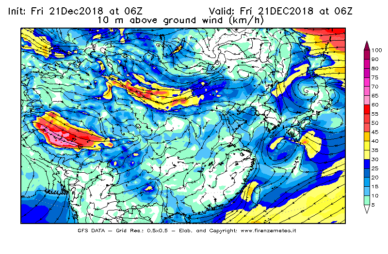 Mappa di analisi GFS - Velocità del vento a 10 metri dal suolo [km/h] in Asia Orientale
									del 21/12/2018 06 <!--googleoff: index-->UTC<!--googleon: index-->