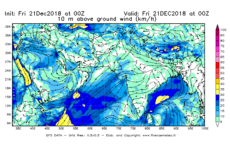 Mappa di analisi GFS - Velocità del vento a 10 metri dal suolo [km/h] in Asia Sud-Occidentale
									del 21/12/2018 00 <!--googleoff: index-->UTC<!--googleon: index-->