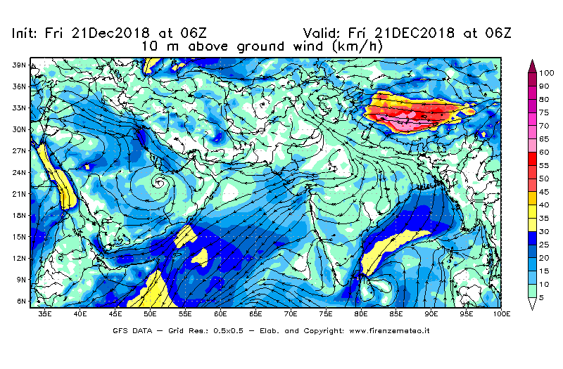 Mappa di analisi GFS - Velocità del vento a 10 metri dal suolo [km/h] in Asia Sud-Occidentale
									del 21/12/2018 06 <!--googleoff: index-->UTC<!--googleon: index-->