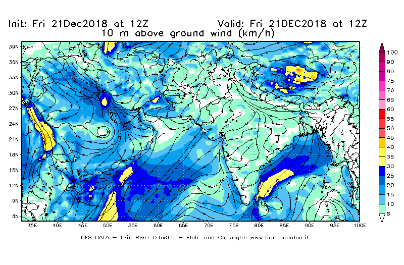 Mappa di analisi GFS - Velocità del vento a 10 metri dal suolo [km/h] in Asia Sud-Occidentale
									del 21/12/2018 12 <!--googleoff: index-->UTC<!--googleon: index-->