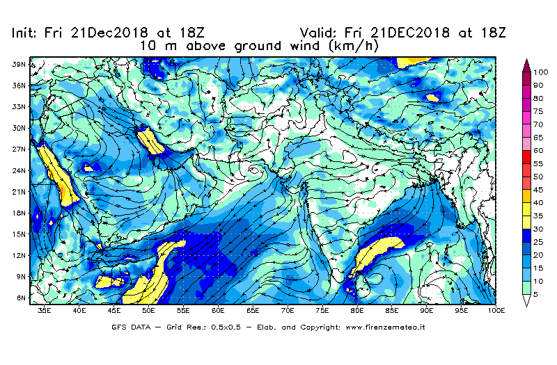 Mappa di analisi GFS - Velocità del vento a 10 metri dal suolo [km/h] in Asia Sud-Occidentale
									del 21/12/2018 18 <!--googleoff: index-->UTC<!--googleon: index-->