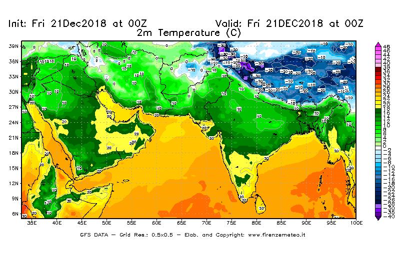 Mappa di analisi GFS - Temperatura a 2 metri dal suolo [°C] in Asia Sud-Occidentale
									del 21/12/2018 00 <!--googleoff: index-->UTC<!--googleon: index-->
