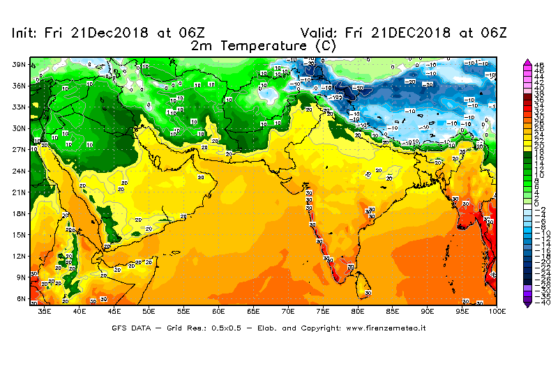 Mappa di analisi GFS - Temperatura a 2 metri dal suolo [°C] in Asia Sud-Occidentale
									del 21/12/2018 06 <!--googleoff: index-->UTC<!--googleon: index-->