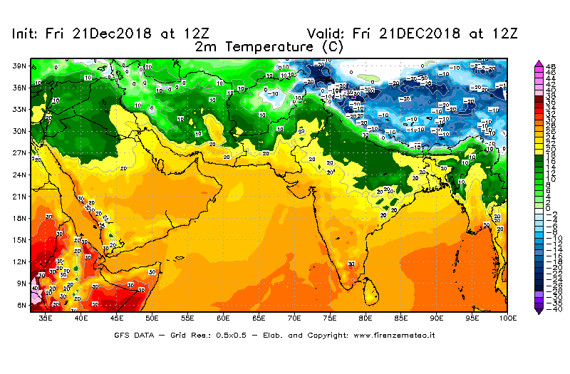 Mappa di analisi GFS - Temperatura a 2 metri dal suolo [°C] in Asia Sud-Occidentale
									del 21/12/2018 12 <!--googleoff: index-->UTC<!--googleon: index-->