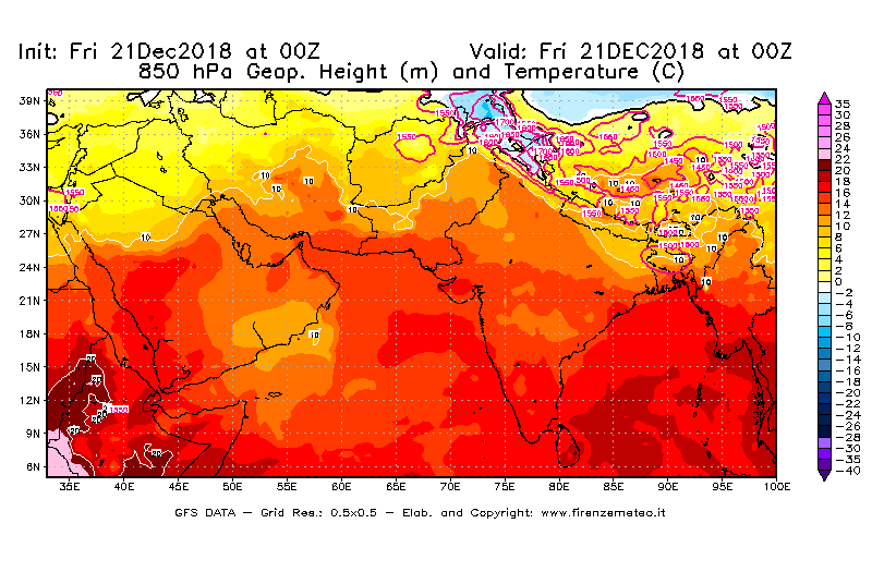 Mappa di analisi GFS - Geopotenziale [m] e Temperatura [°C] a 850 hPa in Asia Sud-Occidentale
									del 21/12/2018 00 <!--googleoff: index-->UTC<!--googleon: index-->