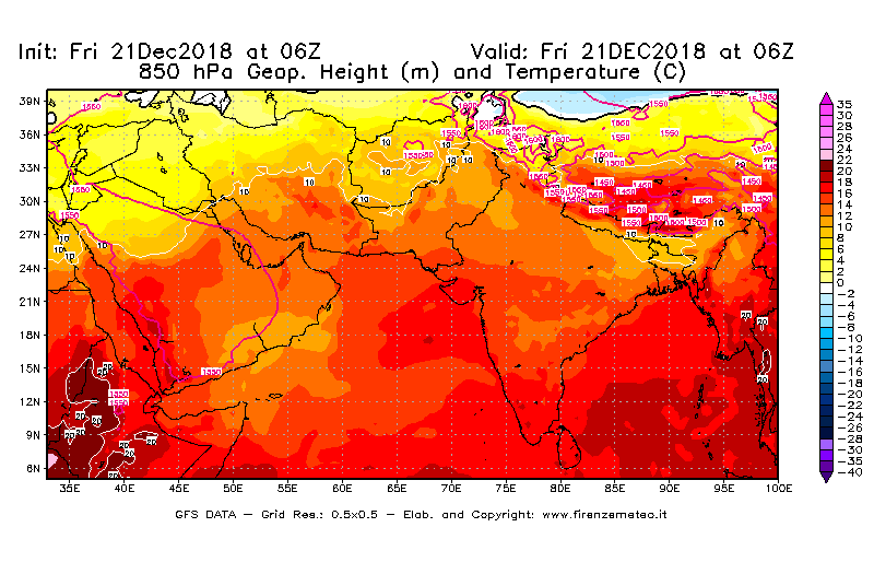 Mappa di analisi GFS - Geopotenziale [m] e Temperatura [°C] a 850 hPa in Asia Sud-Occidentale
									del 21/12/2018 06 <!--googleoff: index-->UTC<!--googleon: index-->