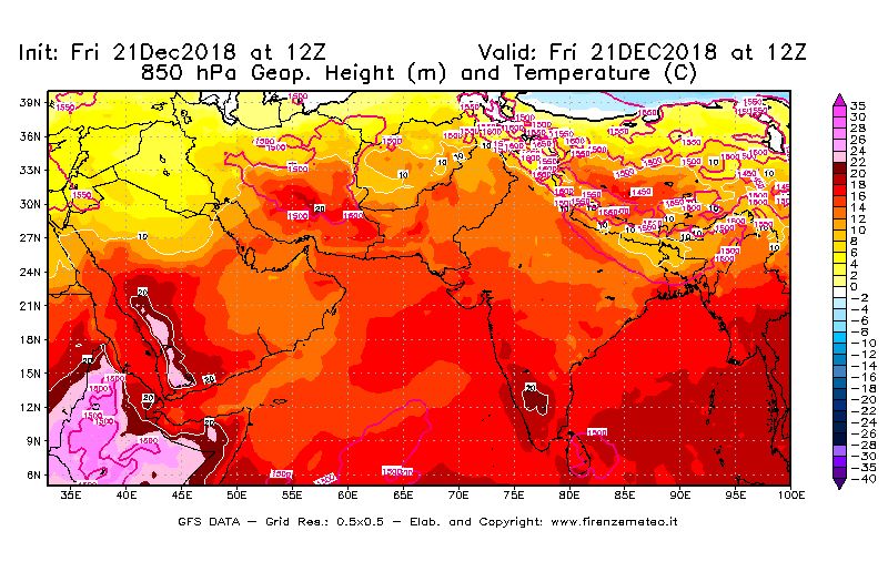 Mappa di analisi GFS - Geopotenziale [m] e Temperatura [°C] a 850 hPa in Asia Sud-Occidentale
									del 21/12/2018 12 <!--googleoff: index-->UTC<!--googleon: index-->