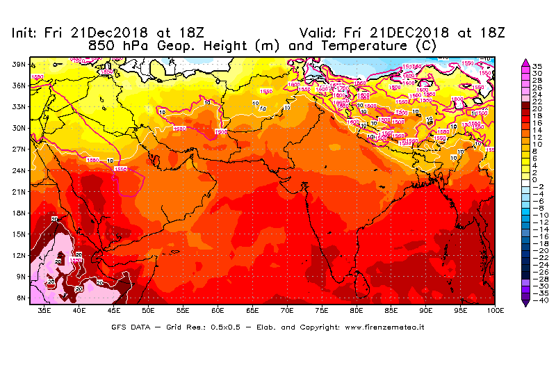 Mappa di analisi GFS - Geopotenziale [m] e Temperatura [°C] a 850 hPa in Asia Sud-Occidentale
									del 21/12/2018 18 <!--googleoff: index-->UTC<!--googleon: index-->