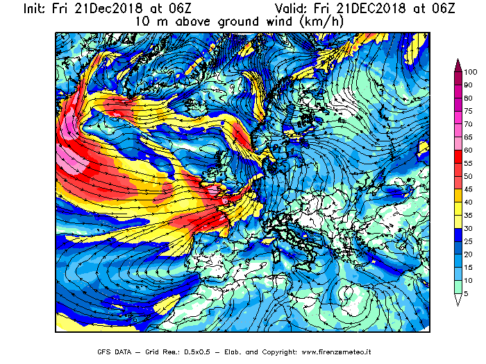 Mappa di analisi GFS - Velocità del vento a 10 metri dal suolo [km/h] in Europa
									del 21/12/2018 06 <!--googleoff: index-->UTC<!--googleon: index-->
