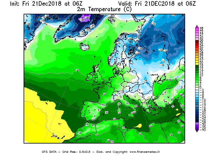 Mappa di analisi GFS - Temperatura a 2 metri dal suolo [°C] in Europa
									del 21/12/2018 06 <!--googleoff: index-->UTC<!--googleon: index-->