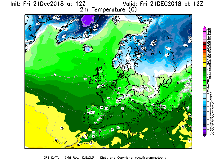 Mappa di analisi GFS - Temperatura a 2 metri dal suolo [°C] in Europa
									del 21/12/2018 12 <!--googleoff: index-->UTC<!--googleon: index-->