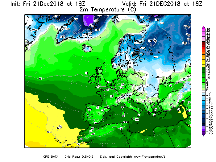 Mappa di analisi GFS - Temperatura a 2 metri dal suolo [°C] in Europa
									del 21/12/2018 18 <!--googleoff: index-->UTC<!--googleon: index-->