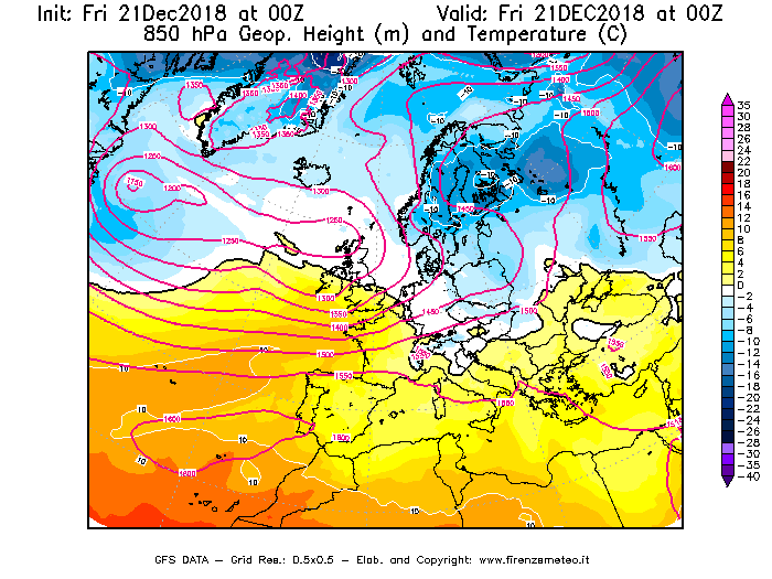 Mappa di analisi GFS - Geopotenziale [m] e Temperatura [°C] a 850 hPa in Europa
									del 21/12/2018 00 <!--googleoff: index-->UTC<!--googleon: index-->