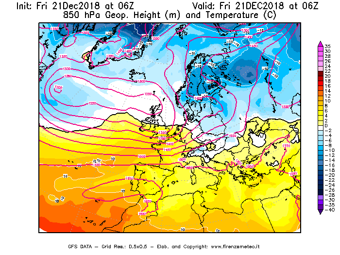 Mappa di analisi GFS - Geopotenziale [m] e Temperatura [°C] a 850 hPa in Europa
									del 21/12/2018 06 <!--googleoff: index-->UTC<!--googleon: index-->