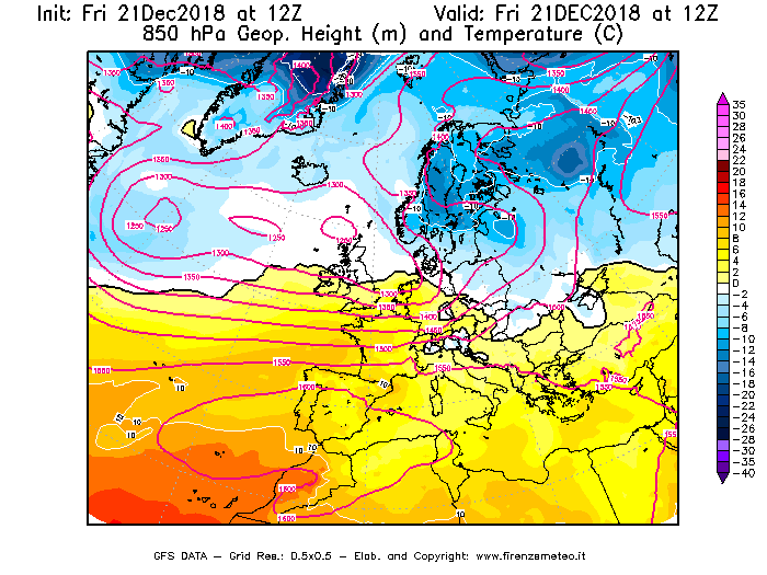 Mappa di analisi GFS - Geopotenziale [m] e Temperatura [°C] a 850 hPa in Europa
									del 21/12/2018 12 <!--googleoff: index-->UTC<!--googleon: index-->