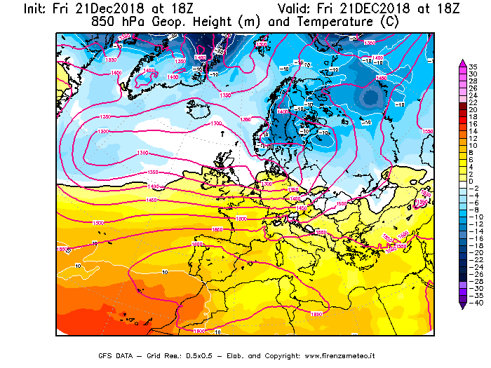 Mappa di analisi GFS - Geopotenziale [m] e Temperatura [°C] a 850 hPa in Europa
									del 21/12/2018 18 <!--googleoff: index-->UTC<!--googleon: index-->