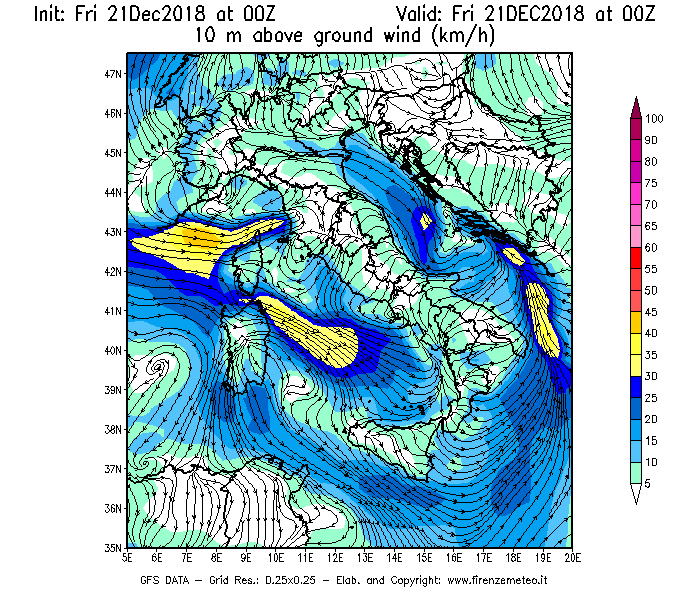 Mappa di analisi GFS - Velocità del vento a 10 metri dal suolo [km/h] in Italia
									del 21/12/2018 00 <!--googleoff: index-->UTC<!--googleon: index-->