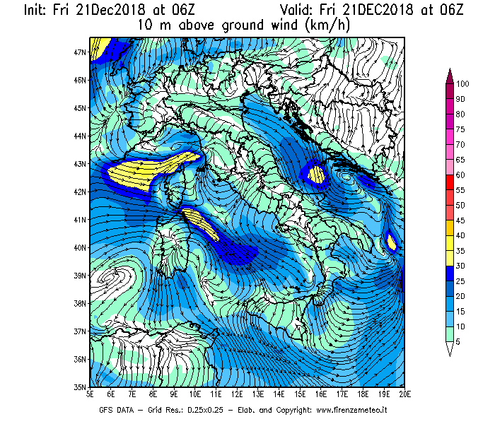 Mappa di analisi GFS - Velocità del vento a 10 metri dal suolo [km/h] in Italia
									del 21/12/2018 06 <!--googleoff: index-->UTC<!--googleon: index-->