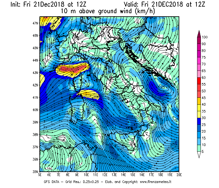 Mappa di analisi GFS - Velocità del vento a 10 metri dal suolo [km/h] in Italia
									del 21/12/2018 12 <!--googleoff: index-->UTC<!--googleon: index-->