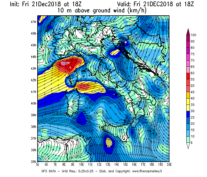 Mappa di analisi GFS - Velocità del vento a 10 metri dal suolo [km/h] in Italia
									del 21/12/2018 18 <!--googleoff: index-->UTC<!--googleon: index-->