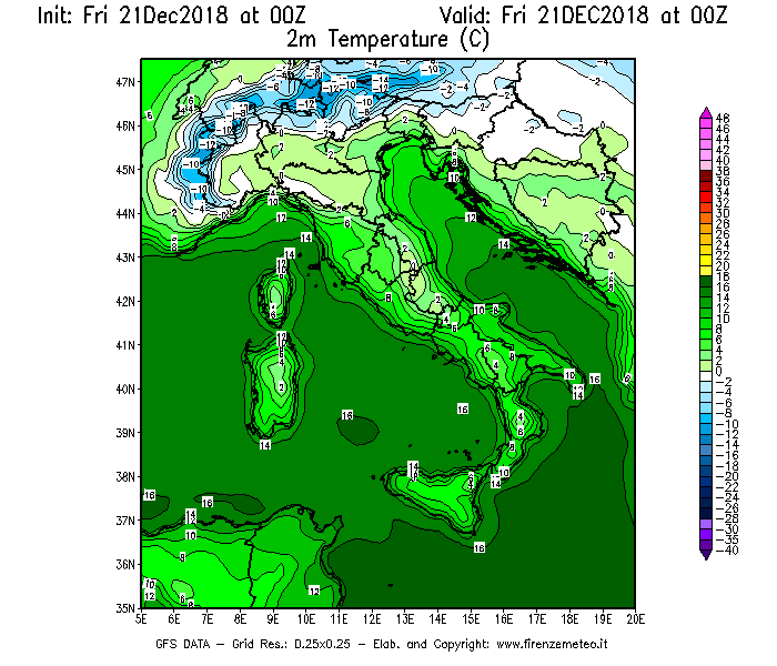 Mappa di analisi GFS - Temperatura a 2 metri dal suolo [°C] in Italia
									del 21/12/2018 00 <!--googleoff: index-->UTC<!--googleon: index-->