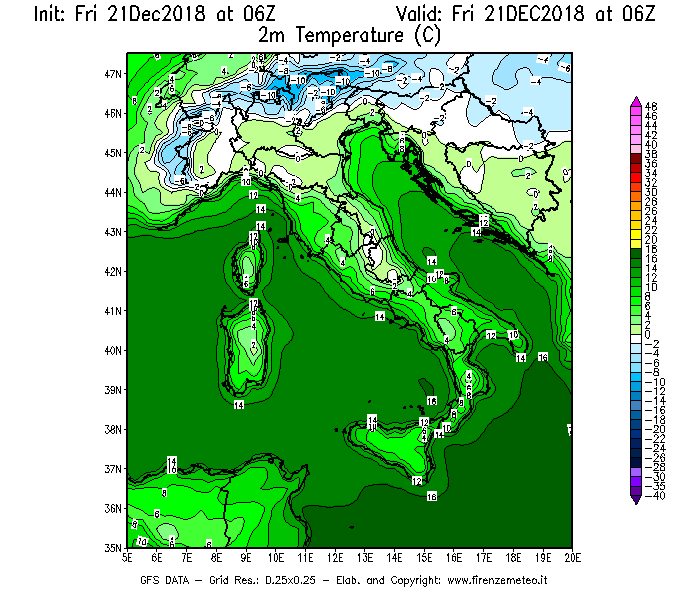 Mappa di analisi GFS - Temperatura a 2 metri dal suolo [°C] in Italia
									del 21/12/2018 06 <!--googleoff: index-->UTC<!--googleon: index-->