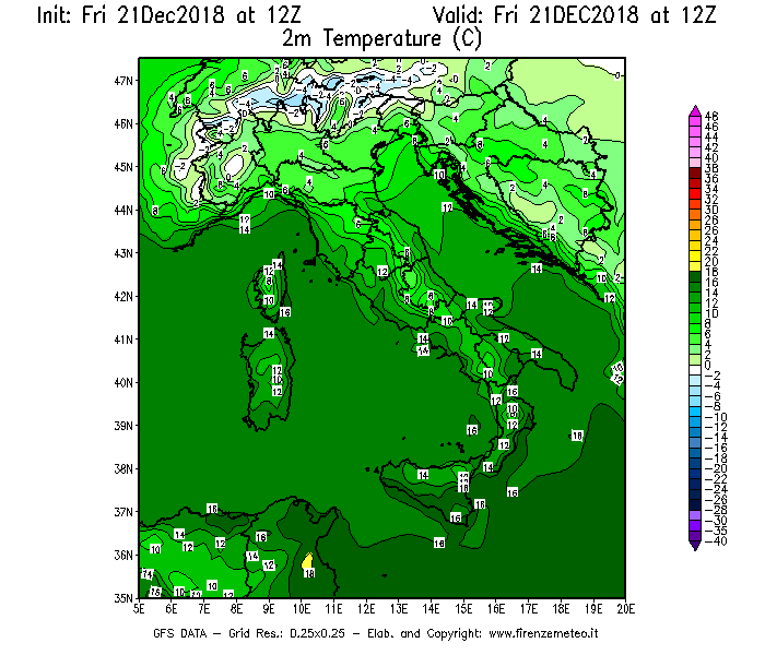 Mappa di analisi GFS - Temperatura a 2 metri dal suolo [°C] in Italia
									del 21/12/2018 12 <!--googleoff: index-->UTC<!--googleon: index-->