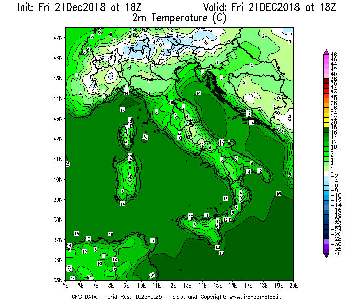 Mappa di analisi GFS - Temperatura a 2 metri dal suolo [°C] in Italia
									del 21/12/2018 18 <!--googleoff: index-->UTC<!--googleon: index-->