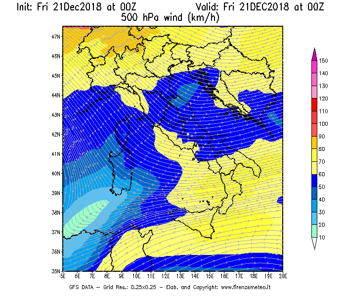 Mappa di analisi GFS - Velocità del vento a 500 hPa [km/h] in Italia
									del 21/12/2018 00 <!--googleoff: index-->UTC<!--googleon: index-->