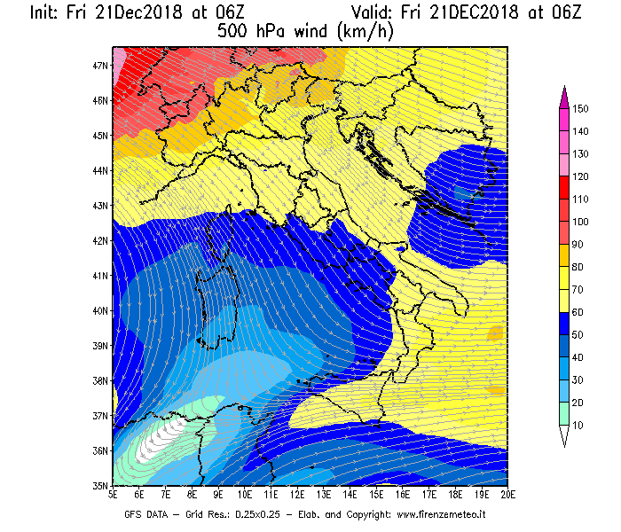 Mappa di analisi GFS - Velocità del vento a 500 hPa [km/h] in Italia
									del 21/12/2018 06 <!--googleoff: index-->UTC<!--googleon: index-->