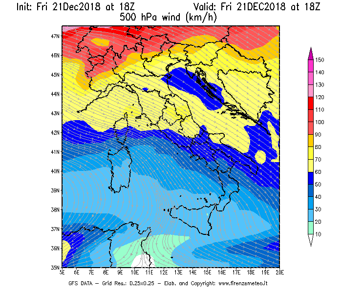 Mappa di analisi GFS - Velocità del vento a 500 hPa [km/h] in Italia
									del 21/12/2018 18 <!--googleoff: index-->UTC<!--googleon: index-->