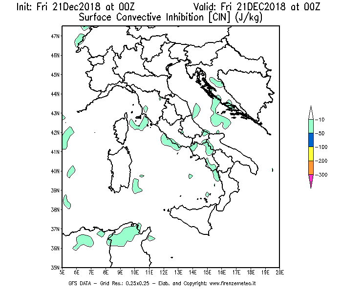 Mappa di analisi GFS - CIN [J/kg] in Italia
									del 21/12/2018 00 <!--googleoff: index-->UTC<!--googleon: index-->