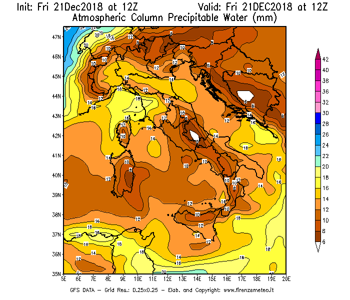 Mappa di analisi GFS - Precipitable Water [mm] in Italia
									del 21/12/2018 12 <!--googleoff: index-->UTC<!--googleon: index-->