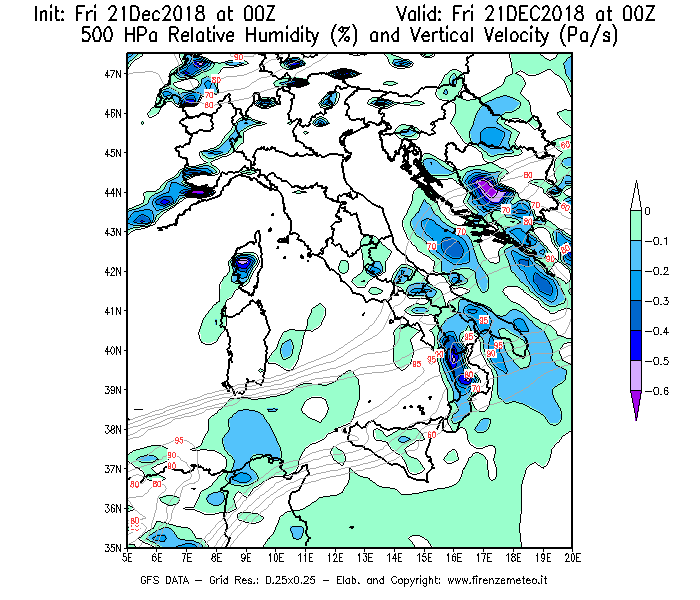 Mappa di analisi GFS - Umidità relativa [%] e Omega [Pa/s] a 500 hPa in Italia
									del 21/12/2018 00 <!--googleoff: index-->UTC<!--googleon: index-->