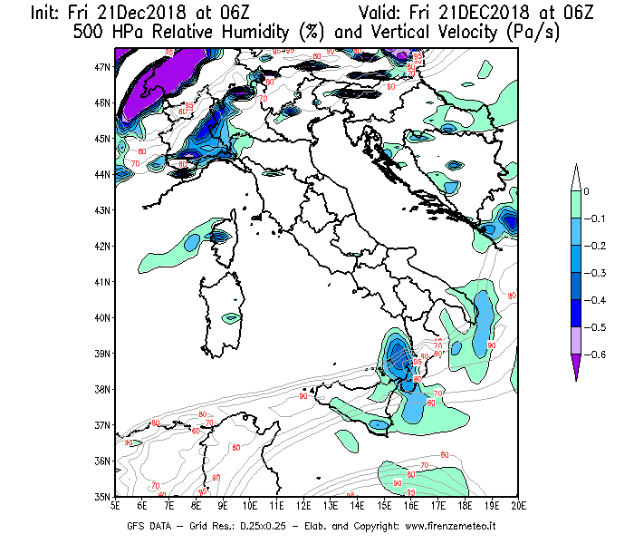 Mappa di analisi GFS - Umidità relativa [%] e Omega [Pa/s] a 500 hPa in Italia
									del 21/12/2018 06 <!--googleoff: index-->UTC<!--googleon: index-->