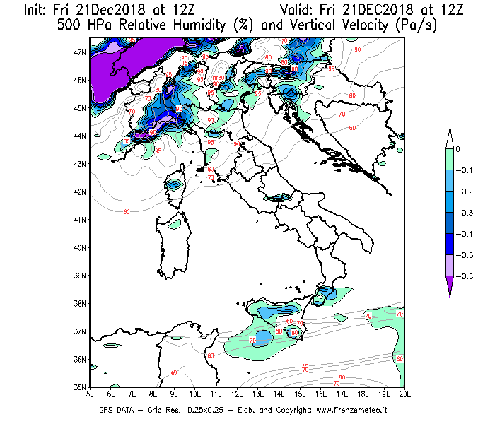 Mappa di analisi GFS - Umidità relativa [%] e Omega [Pa/s] a 500 hPa in Italia
									del 21/12/2018 12 <!--googleoff: index-->UTC<!--googleon: index-->