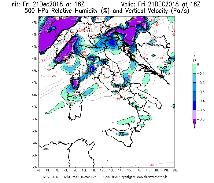 Mappa di analisi GFS - Umidità relativa [%] e Omega [Pa/s] a 500 hPa in Italia
									del 21/12/2018 18 <!--googleoff: index-->UTC<!--googleon: index-->