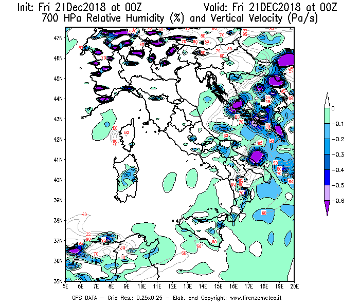 Mappa di analisi GFS - Umidità relativa [%] e Omega [Pa/s] a 700 hPa in Italia
									del 21/12/2018 00 <!--googleoff: index-->UTC<!--googleon: index-->