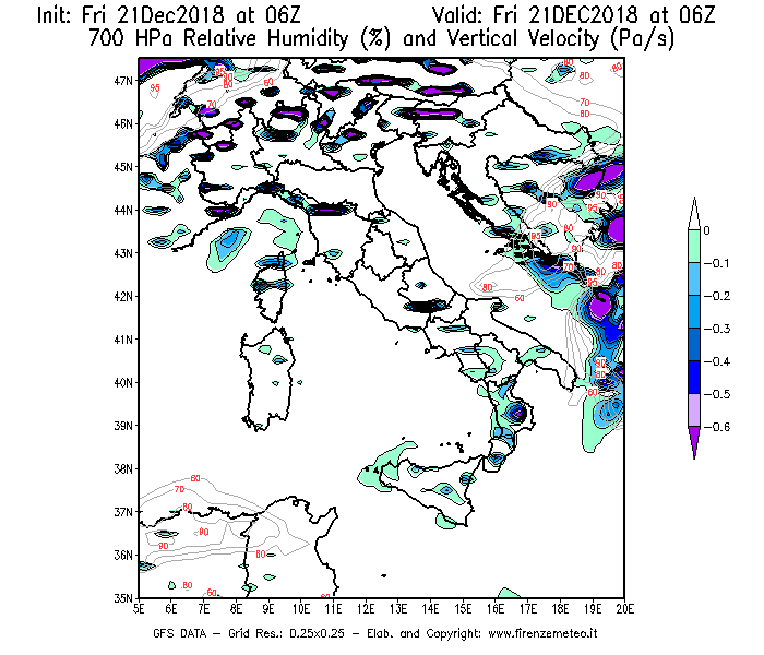 Mappa di analisi GFS - Umidità relativa [%] e Omega [Pa/s] a 700 hPa in Italia
									del 21/12/2018 06 <!--googleoff: index-->UTC<!--googleon: index-->
