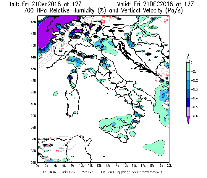 Mappa di analisi GFS - Umidità relativa [%] e Omega [Pa/s] a 700 hPa in Italia
									del 21/12/2018 12 <!--googleoff: index-->UTC<!--googleon: index-->