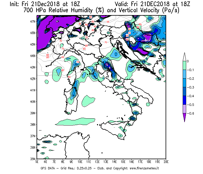 Mappa di analisi GFS - Umidità relativa [%] e Omega [Pa/s] a 700 hPa in Italia
									del 21/12/2018 18 <!--googleoff: index-->UTC<!--googleon: index-->