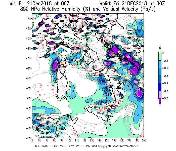 Mappa di analisi GFS - Umidità relativa [%] e Omega [Pa/s] a 850 hPa in Italia
									del 21/12/2018 00 <!--googleoff: index-->UTC<!--googleon: index-->