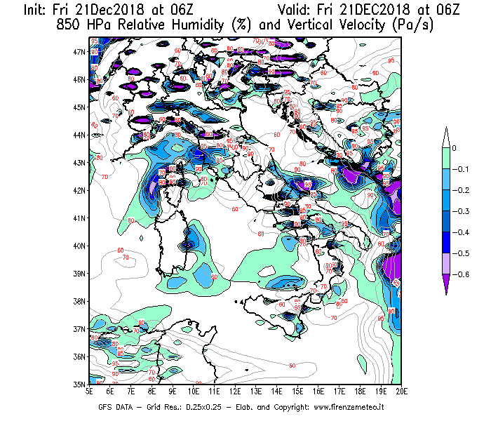 Mappa di analisi GFS - Umidità relativa [%] e Omega [Pa/s] a 850 hPa in Italia
									del 21/12/2018 06 <!--googleoff: index-->UTC<!--googleon: index-->