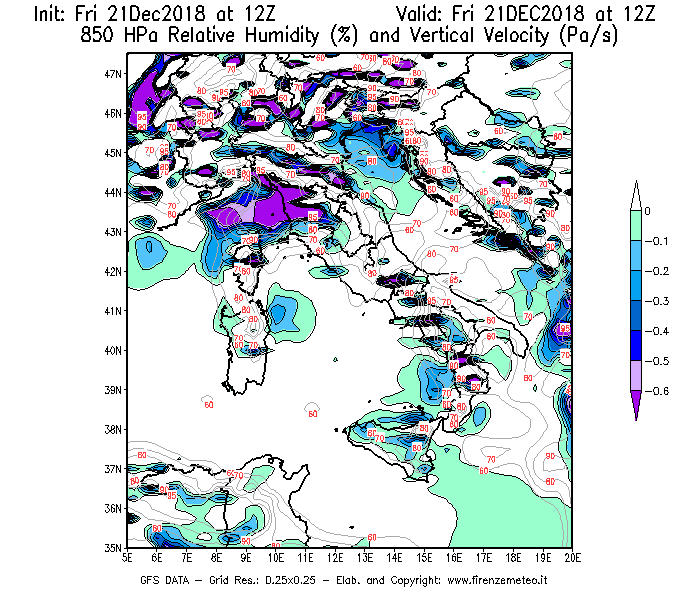 Mappa di analisi GFS - Umidità relativa [%] e Omega [Pa/s] a 850 hPa in Italia
									del 21/12/2018 12 <!--googleoff: index-->UTC<!--googleon: index-->