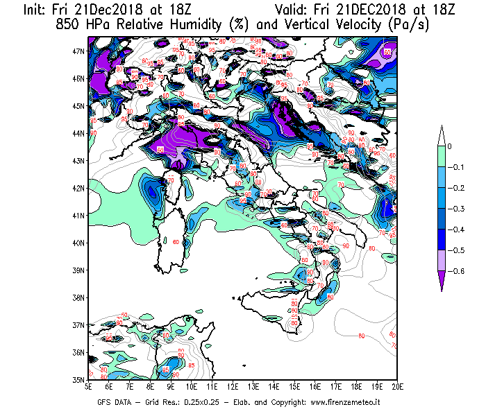 Mappa di analisi GFS - Umidità relativa [%] e Omega [Pa/s] a 850 hPa in Italia
									del 21/12/2018 18 <!--googleoff: index-->UTC<!--googleon: index-->