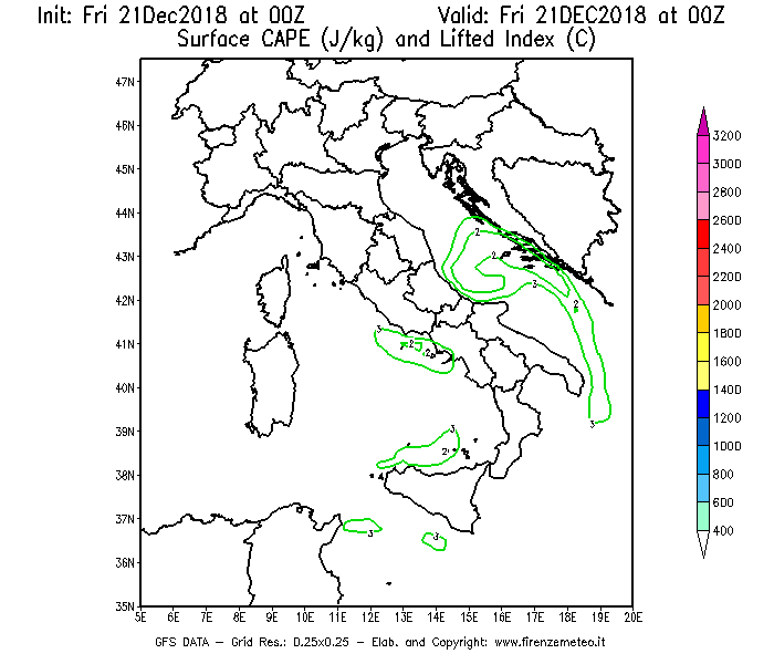 Mappa di analisi GFS - CAPE [J/kg] e Lifted Index [°C] in Italia
									del 21/12/2018 00 <!--googleoff: index-->UTC<!--googleon: index-->