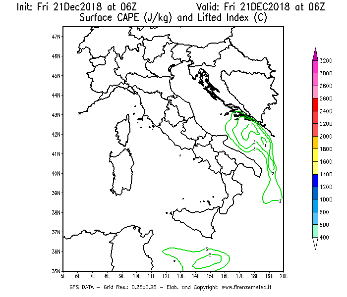 Mappa di analisi GFS - CAPE [J/kg] e Lifted Index [°C] in Italia
									del 21/12/2018 06 <!--googleoff: index-->UTC<!--googleon: index-->