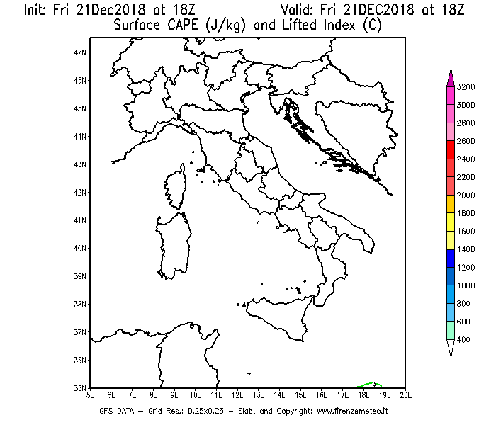 Mappa di analisi GFS - CAPE [J/kg] e Lifted Index [°C] in Italia
									del 21/12/2018 18 <!--googleoff: index-->UTC<!--googleon: index-->